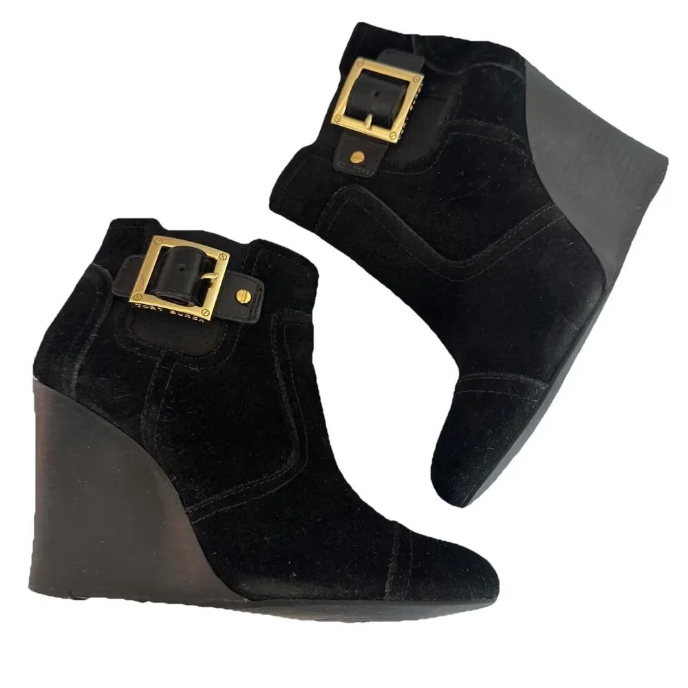 Tory Burch Adrienne Black Suede Wedge Heel Chelsea Ankle‎ Boot Women 6 M Chic